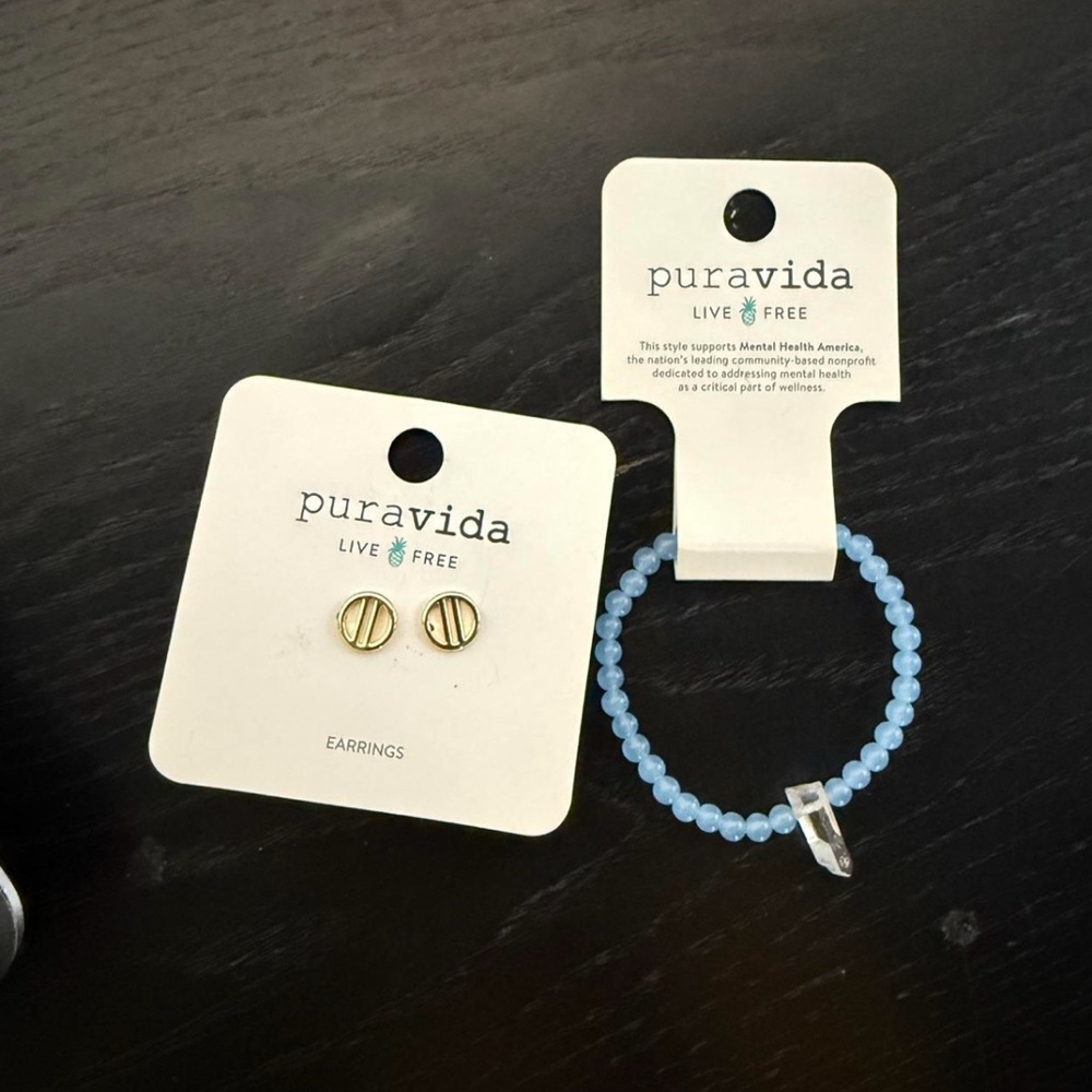 Pura Vida Gold Earrings and Blue Bracelet Set